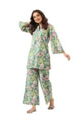 Women's Trendy Printed Cotton Blend Straight Light Green Color Kurta and Palazzo Set