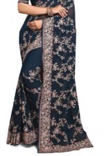 Teal Blue Zari Resham Embroidered Georgette Saree Sari with Matching Blouse Piece - Image 2